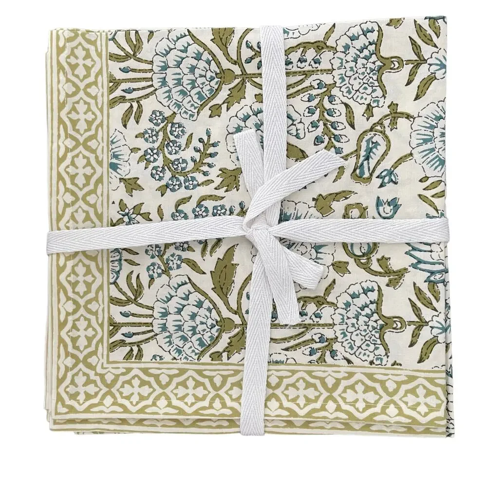 TIRAMISU Spring Floral 100% Cotton 20X20 Cloth Napkins Set of 4 Green Blue NEW